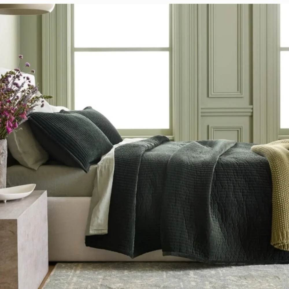 Quince Cotton Velvet Channel Quilt Forest Green King Cal King NWOT